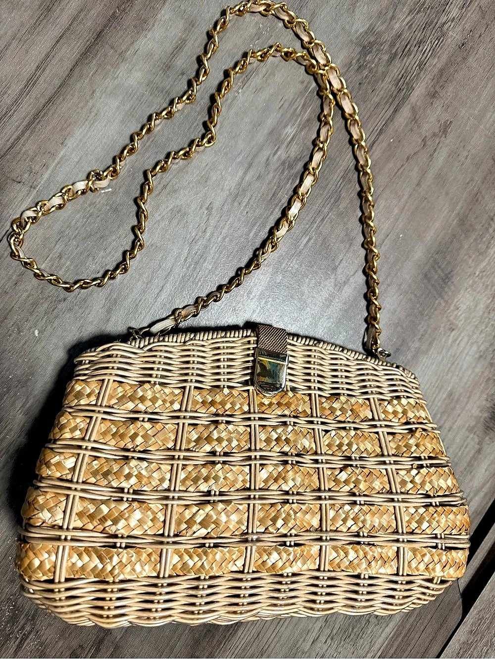 Whicker Woven Shoulder Bag in Brown & Gold